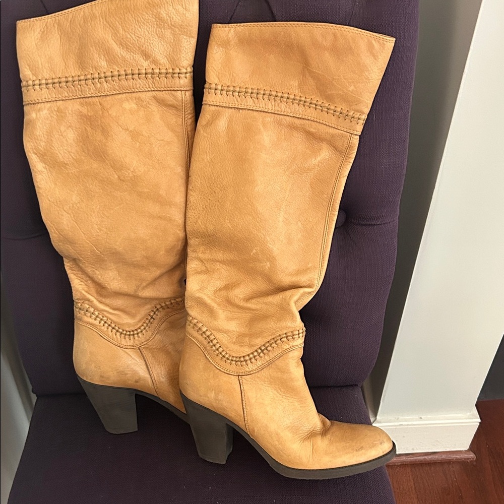 Women's Tan Leather Knee-High Heeled Boots